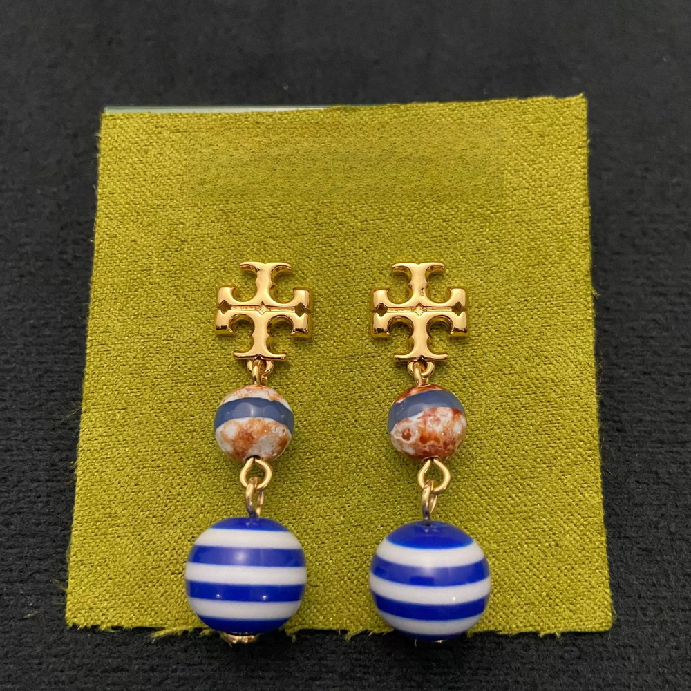 Tory Burch Colorful Glass Striped Ball Metal Drop Earrings
